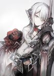  armor armored_dress breasts commentary_request flower gloves hasunokaeru highres holding holding_sword holding_weapon looking_at_viewer pale_skin rose silver_eyes silver_hair simple_background sinoalice skirt small_breasts snow_white_(sinoalice) solo sword thighhighs weapon 