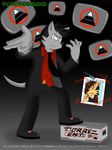  anthro blade blue_eyes canine claudio_ricci_(djcoyoteguy) clothed clothing coyote djcoyoteguy dog fur gradient_background grey_fur greyhound knife looking_at_viewer mammal melee_weapon poster ruben_(djcoyoteguy) simple_background simple_packground text weapon 