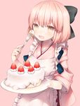  apron bangs black_bow blonde_hair blush bow cake cowboy_shot cream cream_on_face eyebrows_visible_through_hair fate_(series) food food_on_face fork frilled_apron frills fruit hair_bow hand_up holding holding_fork holding_plate japanese_clothes kimono koha-ace looking_at_viewer maid_apron munuko okita_souji_(fate) okita_souji_(fate)_(all) open_mouth pink_background pink_kimono plate short_hair simple_background smile solo strawberry tasuki yellow_eyes 