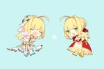  :d ^_^ ahoge aqua_background bangs blush bodysuit braid chibi closed_eyes dress eyebrows_visible_through_hair fate/extra fate/extra_ccc fate_(series) french_braid hair_intakes looking_at_viewer multiple_girls munuko nero_claudius_(bride)_(fate) nero_claudius_(fate) nero_claudius_(fate)_(all) open_mouth pointing pointing_at_viewer red_dress sidelocks simple_background smile v-shaped_eyebrows veil 