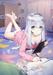 absurdres ass barefoot bed bedroom blouse blue_eyes bow box cabinet cardboard_box collarbone crescent crossed_ankles curtains daye_bie_qia_lian eromanga_sensei feet feet_up full_body hair_bow hairband headset highres indoors izumi_sagiri long_hair long_sleeves looking_at_viewer lying on_bed on_stomach panties photo_(object) pillow pink_blouse poster_(object) silver_hair smile soles solo star stuffed_animal stuffed_toy stylus table teddy_bear the_pose underwear white_panties 