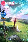  black_cat cat cherry_blossoms commentary fantasy floating_island from_behind glowing glowing_hair landscape long_hair mountain nima_(ross_tran) original petals road_sign ross_tran scenery sign solo_focus sword weapon white_hair white_wolf wolf 
