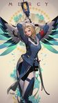  alternate_costume alternate_hairstyle armband arms_behind_head artist_name belt beret blonde_hair blue_bodysuit blue_eyes blue_flower bodysuit breasts character_name combat_medic_ziegler commentary contrapposto cowboy_shot floral_background flower glowing glowing_wings hat highres holding holding_staff kim_han_seul light_smile long_sleeves looking_at_viewer looking_to_the_side mechanical_wings medium_breasts mercy_(overwatch) nose overwatch petals pliers pouch red_lips short_hair signature solo spread_wings staff standing utility_belt white_background white_hat wings 