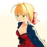  :o ahoge bangs blazer blonde_hair blue_bow bow braid breasts cleavage dress fate/extra fate_(series) french_braid green_eyes hair_bow hair_intakes jacket medium_breasts modern_costume_of_crimson munuko nero_claudius_(fate) nero_claudius_(fate)_(all) open_blazer open_clothes open_jacket open_mouth red_dress sidelocks solo upper_body 