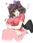  1girl :d bad_id bad_twitter_id bangs bird_wings black_wings blush breast_smother breasts brown_hair commentary_request groin hat heart himekaidou_hatate kasuka_(kusuki) large_breasts long_hair navel nose_blush open_mouth pointy_ears purple_eyes red_shirt shirt short_sleeves smile stomach t-shirt tokin_hat touhou twintails upper_body wings 