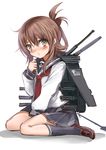  anchor_symbol black_legwear blush brown_eyes brown_hair commentary folded_ponytail food hair_between_eyes hair_ornament hairclip highres inazuma_(kantai_collection) kantai_collection karlwolf pleated_skirt rigging school_uniform serafuku short_hair sitting skirt socks solo turret 