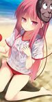  barefoot beach bikini blurry blurry_background bright_pupils commentary_request gym_shirt hata_no_kokoro long_hair looking_away monkey_mask nigo_(aozoragarou) pink_eyes pink_hair red_bikini sand see-through shirt sitting solo swimsuit touhou wariza water wet wet_clothes wet_hair wet_shirt 