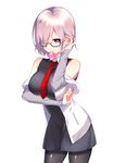 bare_shoulders black_dress black_legwear breast_hold breasts cherry_(kjvp4842) come_hither condom condom_in_mouth dress fate/grand_order fate_(series) glasses hair_over_one_eye hair_tucking highres large_breasts mash_kyrielight mouth_hold necktie pantyhose purple_eyes purple_hair short_hair sleeves_past_wrists smile solo white_background 