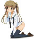  a1 between_legs black_legwear blonde_hair blush bottomless brown_eyes brown_footwear closed_mouth commentary_request eyebrows_visible_through_hair from_side full_body girls_und_panzer glasses groin hand_between_legs kneeling loafers long_hair long_sleeves looking_at_viewer neckerchief ooarai_school_uniform oono_aya rimless_eyewear round_eyewear shirt shoes simple_background solo thighhighs thumb_to_mouth twintails undone white_background white_shirt 