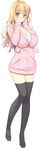  absurdres aqua_eyes ayase_hazuki black_hair black_legwear blonde_hair breasts cleavage eyebrows_visible_through_hair full_body hands_on_own_cheeks hands_on_own_face highres hood hoodie large_breasts long_hair long_sleeves looking_at_viewer loungewear no_pants no_shoes official_art pom_pom_(clothes) simple_background smile solo thighhighs white_background yaegashi_nene zannen_na_ane_to_no_love_comedy zettai_ryouiki 
