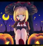  ahoge bangs black_gloves blush closed_mouth crescent_moon fate/extra fate_(series) finger_to_mouth frills gloves halloween hand_up hat jack-o'-lantern legs_together letterboxed looking_at_viewer moon munuko nero_claudius_(fate) nero_claudius_(fate)_(all) night night_sky outdoors puffy_short_sleeves puffy_sleeves short_hair short_sleeves sidelocks sitting sky smile solo witch_hat 