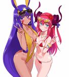  absurdres animal_ears asymmetrical_docking bikini blue_eyes blush bracelet breast_press breasts cameltoe closed_mouth collarbone elizabeth_bathory_(fate) elizabeth_bathory_(fate)_(all) eyebrows_visible_through_hair facial_mark fate/grand_order fate_(series) fingernails flower grin hair_between_eyes hair_flower hair_ornament hairband highres jackal_ears jewelry long_fingernails long_hair medium_breasts multiple_girls nail_polish navel necklace nitocris_(fate/grand_order) pink_hair pointy_ears purple_eyes purple_hair sidelocks slingshot_swimsuit small_breasts smile ssamjang_(misosan) strap_gap string_bikini swimsuit v very_long_hair wavy_mouth wristband yellow_bikini 