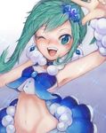  ;d aqua_eyes aqua_hair bangs breasts choker colored_eyelashes earrings groin hair_ornament highres hip_bones jewelry long_hair looking_at_viewer lucia_(pokemon) midriff navel one_eye_closed open_mouth pokemon pokemon_(game) pokemon_oras ponytail sidelocks simple_background small_breasts smile stomach upper_body v yellowking_hiro 