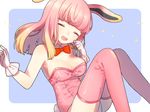  :d ^_^ animal_ears bangs bare_shoulders blonde_hair breasts bunny_ears bunny_tail bunnysuit closed_eyes fate/grand_order fate_(series) gloves gradient_hair hand_up leotard long_hair medium_breasts multicolored_hair munuko open_mouth pink_hair pink_legwear pink_leotard riyo_servant_(bunnygirl) sitting smile solo star strapless strapless_leotard tail teeth thighhighs thighs white_gloves 