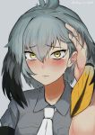  1girl absurdres bangs black_hair blush breast_pocket closed_mouth collared_shirt crying crying_with_eyes_open eyebrows_visible_through_hair furrowed_eyebrows grey_hair grey_shirt hair_between_eyes hand_in_another&#039;s_hair highres kemono_friends long_hair looking_at_viewer low_ponytail maton_(post_it_rock) multicolored_hair necktie nose_blush orange_hair out_of_frame pocket pov pov_hands shirt shoebill_(kemono_friends) side_ponytail solo_focus tears twitter_username upper_body white_neckwear wing_collar yellow_background 