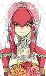  blush bridal_veil bride dress fins fish_girl flower hair_ornament jewelry long_hair looking_at_viewer mipha monster_girl multicolored multicolored_skin no_eyebrows red_hair red_skin rem_sora410 smile solo the_legend_of_zelda the_legend_of_zelda:_breath_of_the_wild veil wedding_dress yellow_eyes zora 