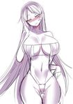  bikini blush breasts eyepatch_bikini fate/grand_order fate_(series) hips large_breasts long_hair looking_at_viewer minamoto_no_raikou_(fate/grand_order) minamoto_no_raikou_(swimsuit_lancer)_(fate) navel silly_(marinkomoe) simple_background sketch swimsuit thigh_gap thighs very_long_hair white_background 