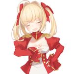  ahoge alternate_hairstyle bangs closed_eyes doyagao dress epaulettes eyebrows_visible_through_hair fate/extra fate_(series) hair_intakes hair_ribbon hand_on_own_chest juliet_sleeves long_sleeves munuko nero_claudius_(fate) nero_claudius_(fate)_(all) open_mouth puffy_sleeves red_dress red_ribbon ribbon sidelocks simple_background smile solo twintails upper_body white_background 