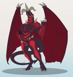  2017 anthro balls biceps black_scales claws digital_media_(artwork) dragon erection feet hi_res horn male muscular nude orange_eyes pecs penis red_dragon_archfiend scales scalie smile solo teeth tongue undeadkitty13 wings yu-gi-oh 