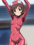 3: a1 akiyama_yukari anglerfish_costume anglerfish_dance arms_up ass_visible_through_thighs blush bodysuit breasts brown_eyes brown_hair closed_mouth commentary_request covered_navel covered_nipples day eyebrows_visible_through_hair fish_costume girls_und_panzer hat looking_up outdoors pubic_hair see-through small_breasts solo sweat turtleneck 