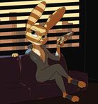  2017 anthro breasts cleavage clothed clothing crossed_legs disney female gun handgun holding_object holding_weapon inside judy_hopps lagomorph looking_at_viewer mammal pistol rabbit ranged_weapon signature sitting sofa solo teal_eyes tggeko weapon window zipper zootopia 