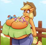  2017 anthro anthrofied applejack_(mlp) bellspurgebells big_breasts breasts cleavage clothed clothing earth_pony equine eyes_closed female fence feral fluttershy_(mlp) freckles friendship_is_magic graphene green_eyes hair hat hi_res horse huge_breasts hyper hyper_breasts jeans long_hair mammal micro multicolored_hair my_little_pony outside pants pegasus pony rainbow_dash_(mlp) rainbow_hair smile stetson wings 
