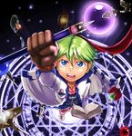  animal_skull bandaid bandaid_on_cheek bandaid_on_nose blue_eyes book coat commentary_request eyebrows_visible_through_hair from_above gloves green_hair jewelry looking_up magic male_focus necklace open_mouth original satou_(satohstc) solo staff 