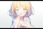  :d bangs blonde_hair blue_eyes blush character_request copyright_request eyebrows_visible_through_hair frills hand_up letterboxed looking_at_viewer munuko open_mouth smile solo upper_body 