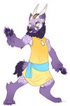  2017 anthro claws clothing cute_fangs damian_(maim) demon dress facial_piercing fangs flat_chested fur grey_fur hair horn hyena intersex maim mammal mane monster nose_piercing nose_ring piercing simple_background solo tusks yellow_eyes 