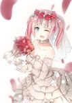  ;d absurdres azur_lane bare_shoulders blue_eyes bouquet breasts bride cleavage detached_collar dress fang flower frills gen_(pixiv13044421) gloves highres long_hair looking_at_viewer medium_breasts one_eye_closed open_mouth pink_hair red_flower red_rose rose san_diego_(azur_lane) smile solo twintails veil wedding_dress white_dress white_gloves wreath 
