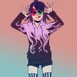  1girl black_hair gorillaz hoody noodle_(gorillaz) shorts solo striped striped_legwear sunglasses thighhighs tongue tongue_out 