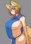  animal_ears ass bangs blonde_hair blush breasts brown_eyes chanta_(ayatakaoisii) cowboy_shot embarrassed fox_ears grey_background hair_between_eyes highres hips large_breasts naked_tabard navel no_hat no_headwear nose_blush simple_background solo sweat tabard thick_thighs thighs touhou unfinished yakumo_ran 
