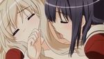  animated animated_gif black_hair blonde_hair couple kawamura_reo lick licking official sawaguchi_mai school_uniform sono_hanabira_ni_kuchizuke_wo uniform yuri 