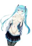  aqua_eyes aqua_hair bad_anatomy bangs black_legwear breast_press breasts closed_mouth collarbone commentary hair_between_eyes hair_ornament hatsune_miku highres hip_bones kavies knees_together long_hair looking_at_viewer medium_breasts navel nipples nude pale_skin pussy revision simple_background skirt skirt_pull smile solo twintails very_long_hair vocaloid white_background wide_sleeves 