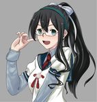  :d alternate_hairstyle black_hair glasses hair_between_eyes hairband hand_on_own_face kantai_collection kumatama_tkm long_hair long_sleeves looking_at_viewer military military_uniform naval_uniform ooyodo_(kantai_collection) open_mouth ponytail semi-rimless_eyewear smile solo uniform 