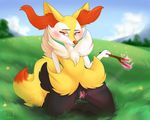  2017 black_fur blush braixen canine claws digital_media_(artwork) dripping female fluffy fox fur grass hi_res looking_at_viewer magic mammal nintendo outside pok&eacute;mon presenting pussy red_fur rottencanines smile solo spread_pussy spreading tuft video_games wet white_fur yellow_fur 