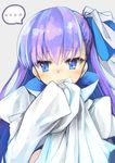  1girl 3: asymmetrical_bangs bangs blush closed_mouth commentary_request eyebrows_visible_through_hair fate/extra fate/extra_ccc fate/grand_order fate_(series) grey_background hand_up highres juliet_sleeves long_hair long_sleeves looking_to_the_side meltlilith otogi_kyouka puffy_sleeves simple_background sleeves_past_wrists solo spoken_ellipsis upper_body white_coat 