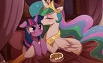  2017 bed blush cutie_mark duo eating equine eyes_closed feathered_wings feathers female feral food friendship_is_magic hair hi_res horn kissing long_hair mammal momomistress multicolored_hair multicolored_tail my_little_pony pancake princess_celestia_(mlp) purple_eyes twilight_sparkle_(mlp) white_feathers winged_unicorn wings 
