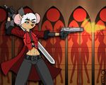  anthro belt breasts capcom clothing cosplay dante_(dmc) female gloves greg_panovich gun mammal melee_weapon mouse nipple_bulge pants ranged_weapon rodent shooting sword trenchcoat video_games weapon 