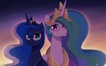  2017 blue_eyes blue_hair duo equine eyelashes female feral friendship_is_magic hair hi_res horn long_hair looking_at_viewer mammal momomistress multicolored_hair my_little_pony princess_celestia_(mlp) princess_luna_(mlp) purple_eyes sibling sisters smile star winged_unicorn wings 