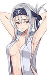  armpits arms_up blue_eyes blush breasts folded_ponytail hair_between_eyes headband highres instant_(ioarthus) kamoi_(kantai_collection) kantai_collection long_hair medium_breasts navel open_clothes sideboob sidelocks simple_background sleeveless solo white_background white_hair 