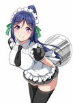  apron behind_back black_legwear black_neckwear blue_hair check_commentary commentary commentary_request eyebrows_visible_through_hair frilled_apron frills green_ribbon hair_ribbon holding holding_tray leaning_forward long_ponytail looking_at_viewer love_live! love_live!_sunshine!! maid maid_headdress matsuura_kanan necktie ponytail purple_eyes ribbon short_sleeves sidelocks simple_background smile solo thighhighs tray white_background yopparai_oni 