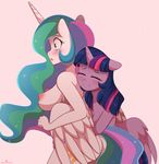  2017 absurd_res anthro anthrofied areola blush breasts duo equine eyes_closed feathered_wings feathers female friendship_is_magic hair hi_res horn hug mammal momomistress multicolored_hair multicolored_tail my_little_pony nipples open_mouth princess_celestia_(mlp) purple_eyes purple_feathers simple_background smile twilight_sparkle_(mlp) white_feathers winged_unicorn wings 