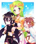  2boys black_hair blue_eyes bracer brown_hair dark_pit green_eyes green_hair kid_icarus kid_icarus_uprising long_hair multiple_boys open_mouth palutena pit_(kid_icarus) red_eyes repikinoko smile wings 