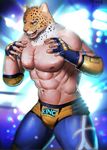  2017 abs black_fur blue_eyes bulge clothed clothing dkqksms1004 faceless_male fangs feline fighting_ring fingerless_gloves fur gloves hi_res human hybrid jaguar king_(tekken) looking_at_viewer male mammal mask muscular muscular_male navel nipples open_mouth pecs pose sharp_teeth solo sport spots standing teeth tekken tongue topless underwear video_games white_fur wrestler yellow_fur 