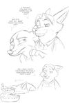  2017 akiric anthro black_and_white canine clothed clothing dialogue disney duo english_text facedesk food fork fox gideon_grey humor innuendo male mammal monochrome nick_wilde pie simple_background sitting text white_background zootopia 