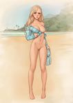  absurdres bare_shoulders barefoot beach blonde_hair blue_eyes blue_shirt blue_shorts blush bottomless breasts buttons collarbone day denim denim_shorts front-tie_top full_body highres holding_shorts jeff_macanoli large_breasts long_hair long_sleeves looking_at_viewer mountain nipples no_bra nose_blush off_shoulder one_breast_out open_fly open_mouth original outdoors plaid plaid_shirt pussy sand shirt shore short_shorts shorts shorts_removed sketch solo standing summer tied_shirt unbuttoned uncensored unzipped 