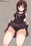  ass_visible_through_thighs bare_arms bare_legs bare_shoulders black_choker black_panties blush breasts brown_eyes brown_hair checkered checkered_skirt choker eyebrows_visible_through_hair final_fantasy final_fantasy_xv highres iris_amicitia lace lace-trimmed_panties lifted_by_self medium_breasts numakurap panties parted_lips plaid plaid_skirt shirt short_hair skirt skirt_lift sleeveless sleeveless_shirt solo standing thighs underwear unfinished_background 