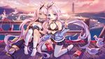  8rats azur_lane bird blurry blurry_background breasts cleavage food heterochromia highres indianapolis_(azur_lane) jacket lifebuoy lighthouse long_hair looking_at_viewer medium_breasts multiple_girls pier pocky ponytail portland_(azur_lane) purple_hair seagull sky sunset 