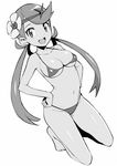  :d bangs bare_legs barefoot bikini breasts cleavage dutch_angle flower full_body greyscale hair_flower hair_ornament halterneck hands_on_hips headband kneeling long_hair low_twintails mao_(pokemon) medium_breasts monochrome navel open_mouth pokemon pokemon_(game) pokemon_sm simple_background smile solo swept_bangs swimsuit tamagoroo_(funifuni_labo) twintails very_long_hair white_background 
